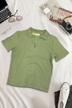 Kadın Polo Yaka Fitilli Kaşkorse Kısa Kollu Tişört