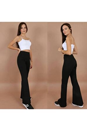 Kadın Siyah Fitilli Ispanyol Paça Toparlayıcı Tayt