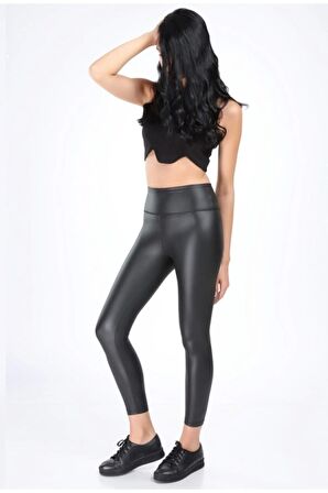 Kadın Siyah Içi Şardonlu Deri Tayt