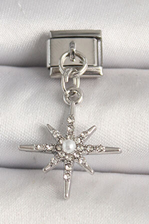 316L Çelik Gümüş Renk Zirkon Taşlı İnci Detay Kuzey Yıldız Model Nomination Charm - TJ-BC1276