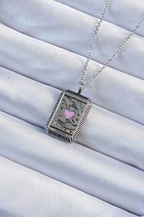 316L Çelik Zincir Eskitme Gümüş Renk Pembe Mineli Kalp Figürlü Tarot Kolye - TJ-BKO9232