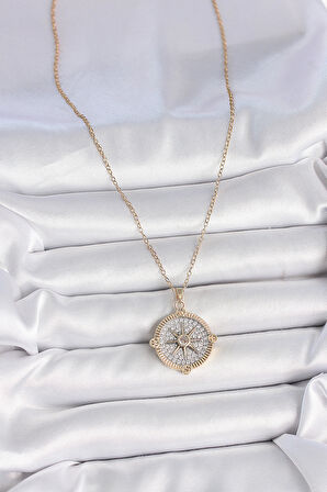 316L Çelik Gold Renk Zirkon Taşlı Pusula Model Kadın Kolye - TJ-BKO10093
