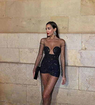 Kadın Siyah Kristal Taşlı File Elbise – Plaj Ve Gece Şıklığı İçin