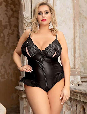 Büyük Beden Siyah Parlak Dantel İşlemeli Fermuarlı Fantezi Babydoll