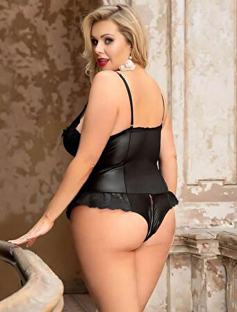 Büyük Beden Siyah Parlak Dantel İşlemeli Fermuarlı Fantezi Babydoll