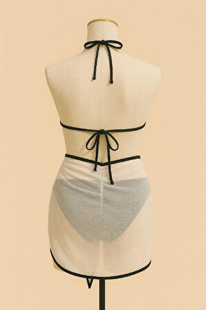 Kadın Siyah Beyaz Pareolu Yandan Ve Boyundan Bağlamalı 3'lü Bikini Takımı