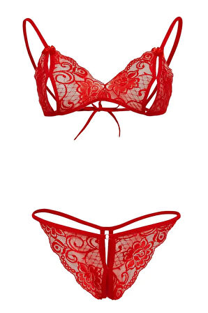 Kırmızı Dantelli Fantazi Sütyen Ve G-string Takım Tm2048