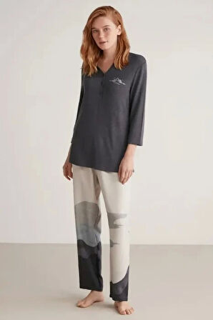 Nautıca W604 Kadın Patlı V Yaka Uzun Kollu Pijama Takımı