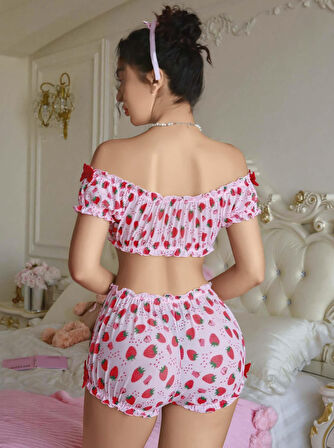 Kadın Pembe Çilek Desenli Sexy Kostüm 8014