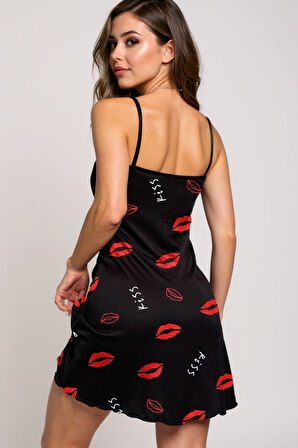 Dudak Desenli Siyah Askılı Gecelik