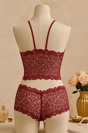 Kadın Bordo Dantel Bralet Şort Takımı – Asil Ve Sofistike İç Giyim