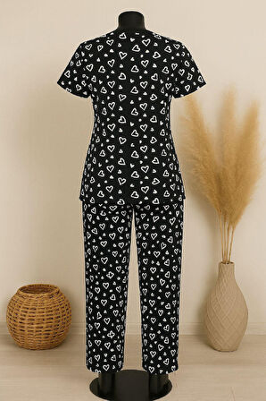Kadın Siyah Beyaz Kalp Desenli Fiyonklu Kısa Kollu Pijama Takımı