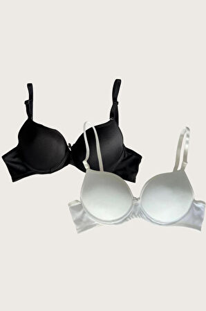 Siyah-beyaz 2'li Mikro Kumaş Push Up Dolgulu Balenli Günlük Destekli Sütyen
