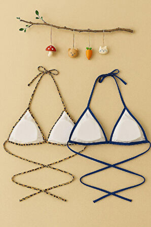 Kadın Leopar Desenli Ve Mavi Minimal Kesim Üçgen Bikini Üstü