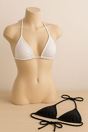 Kadın Siyah Ve Beyaz Minimal Kesim Üçgen Bikini Üstü