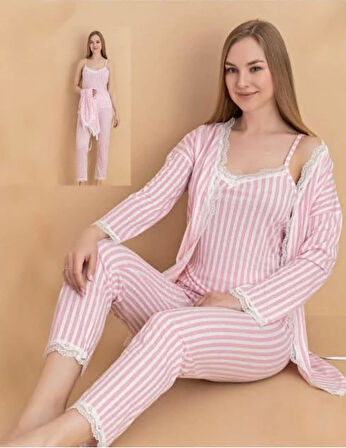 Stil Moda 6064 Kadın Çizgili Askılı Sabahlıklı Pijama Takımı