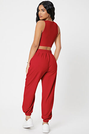 Kadın Kırmızı Kaşkorse Cepli Jogger Eşofman Altı ve Crop Top Bluz