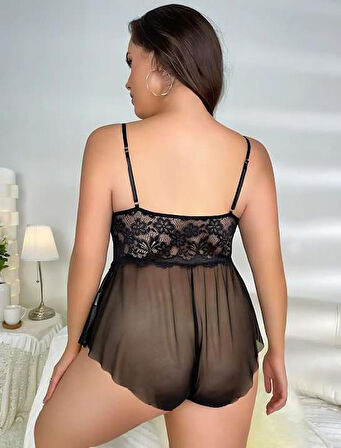 Büyük Beden Siyah Dantel İşlemeli Fırfırlı Fantezi Babydoll