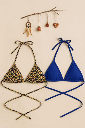 Kadın Leopar Desenli Ve Mavi Minimal Kesim Üçgen Bikini Üstü