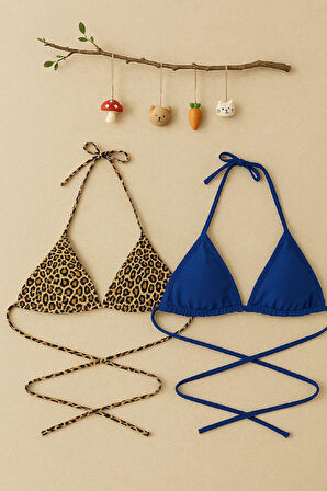 Kadın Leopar Desenli Ve Mavi Minimal Kesim Üçgen Bikini Üstü