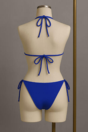 Kadın Mavi Yandan ve Boyundan Bağlamalı Bikini Mayo Takımı