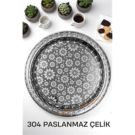  Servis Tepsisi - Çelik Çay Tepsisi  Şık Desenli Tepsi 36 CM