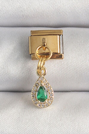 316L Çelik Gold Renk Sallantı Damla Yeşil Zirkon Taşlı Nomination Charm - TJ-BC1349