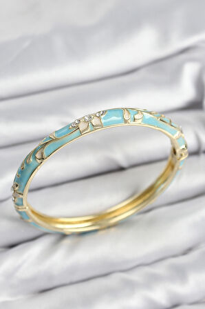 Mineli Pirinç Zirkon Taşlı Turkuaz Çiçek Motifli Gold Kadın Kelepçe - TJ-BB7629