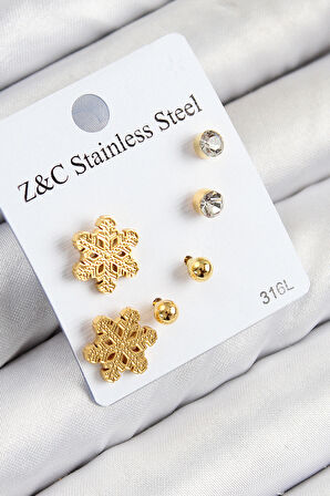 316L Çelik Zirkon Taşlı Kar Tanesi Model Gold Renk Kadın Set Küpe - TJ-BKP11122
