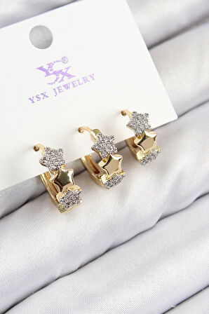 Pirinç Zirkon Taşlı 3'lü Halka Yıldız Model Gold Ve Gümüş Renk Kadın Küpe - TJ-BKP11149