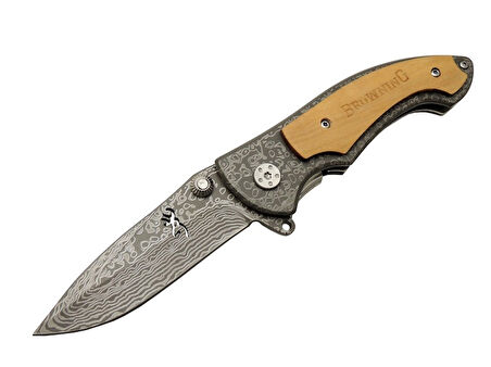 Browning 2-31 Damascus Kamp Çakı 19,5cm - Yarı Otomatik, Ahşap; Metal Sap