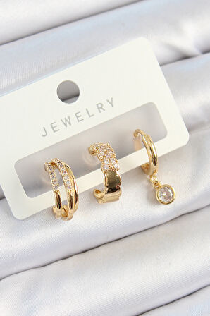 Pirinç Zirkon Taşlı Halka Model Gold Renk 3'lü Çift Kadın Küpe Set - TJ-BKP10826