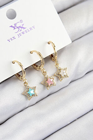 Pirinç Zirkon Taşlı 3'lü Renkli Yıldız Model Gold Renk Kadın Küpe - TJ-BKP11145