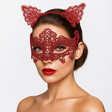 Romantik Kırmızı Dantel Maske Seti – Kedi Kulaklı Taç ve Maske 3 No
