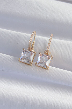 Pirinç Gold Renk Kare Zirkon Taşlı Halka Küpe - TJ-BKP9295