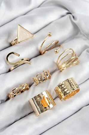 Pirinç Üçgen Model Gold Renk Kadın Yüzük Kombin Set - TJ-BYK3821