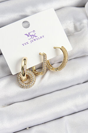 Pirinç Zİrkon Taşlı Halka Model Gold Renk 3'lü Kadın Küpe - TJ-BKP10945