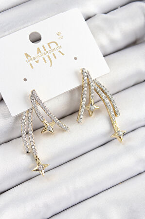 Pirinç Zirkon Taşlı Kayan Yıldız Model Gold Ve Gümüş Renk Kadın Küpe - TJ-BKP10780