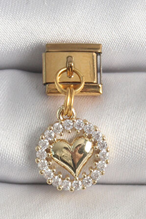316L Çelik Gold Renk Sallantı Zirkon Taşlı Kalp Model Nomination Charm - TJ-BC1367