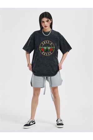 Dompuleri Moda Rock Serisi Yıkamalı Guns N' Roses Unisex Eskitme T-shirt