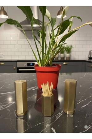 Som Pirinç Altıköşe Tuzluk Biberlik Kürdanlık Seti Şık Masa Üstü Aksesuarı