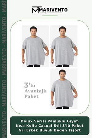 Delux Serisi Pamuklu Giyim Kısa Kollu Casual Stil 3'lü Paket Gri Erkek Büyük Beden Tişört
