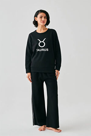Giyim Kadın Siyah Boğa Burcu Oversize 2 İplik Eşofman Ev Giyim Takımı