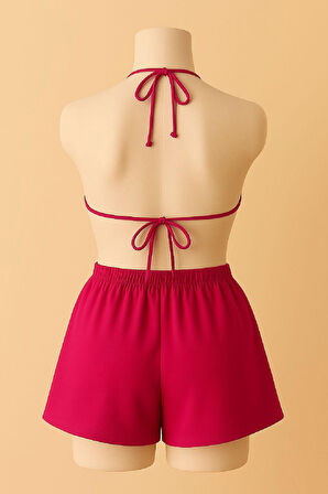 Kadın Fuşya Şortlu Belden Ve Boyundan Bağlamalı Bikini Takımı