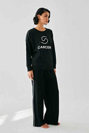 Giyim Kadın Siyah Yengeç Burcu Oversize 2 İplik Eşofman Ev Giyim Takımı