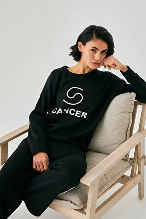 Giyim Kadın Siyah Yengeç Burcu Oversize 2 İplik Eşofman Ev Giyim Takımı