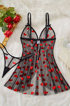 Kalp Desenli Siyah Transparan Gecelik Brf1378