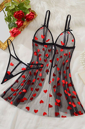 Kalp Desenli Siyah Transparan Gecelik Brf1378