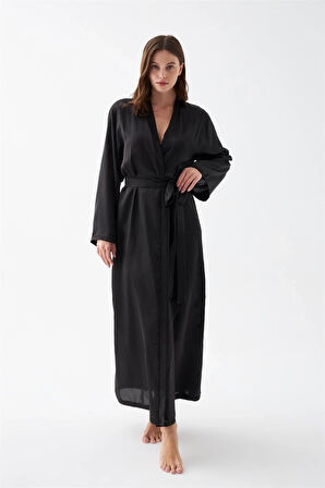 Giyim Kadın Uzun Siyah Saten Sabahlık