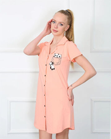 Giyim Kadın Penye Önden Düğmeli Pembe Tunik Gecelik